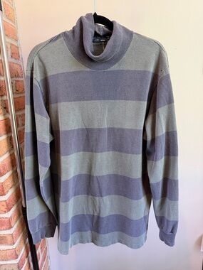 Vintage Polo Ralph Lauren Men's Striped Turtleneck Rugby Shirt - Navy & Olive